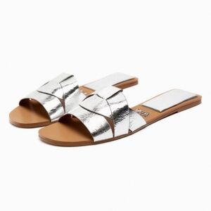 Zara Flat Crossed Leather Slide Sandals